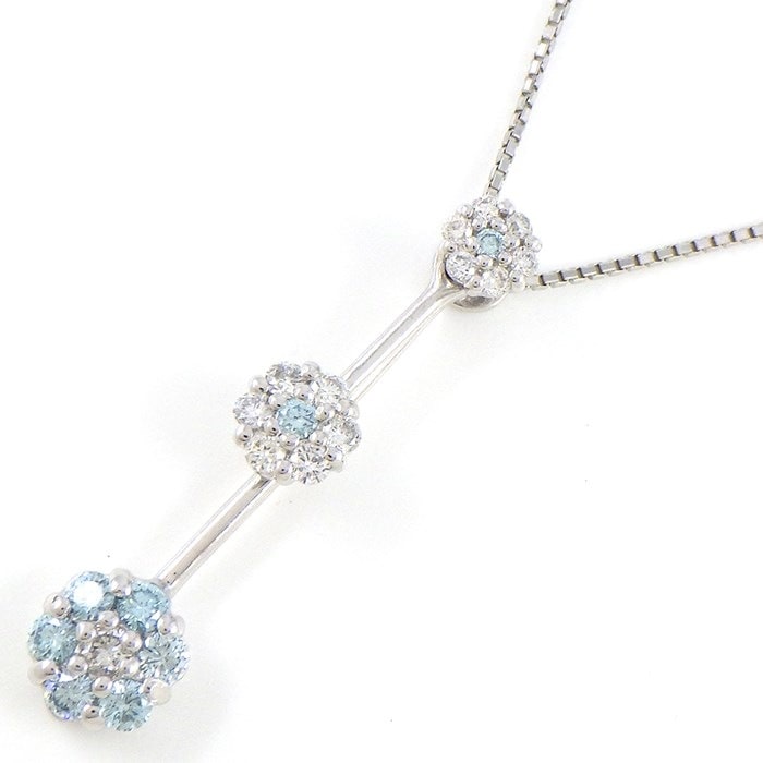 【ダイヤモンド】 ネックレス フラワー 3モチーフ スウィング バー 8ポイント トリートメントブルーダイヤモンド 0.23ct 13ポイント ダイヤモンド 0.27ct PT900 PT850 【中古】