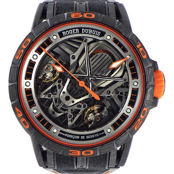 ロジェ・デュブイ ROGER DUBUIS 腕時計 エクスカリバー スパイダー ランボルギーニ アヴァンタドールS RDDBEX0708 世界限定8本 アランチョ アルゴス スケルトン文字盤 カーボン ラバー チタン 手巻き 【OH済み】　【中古】