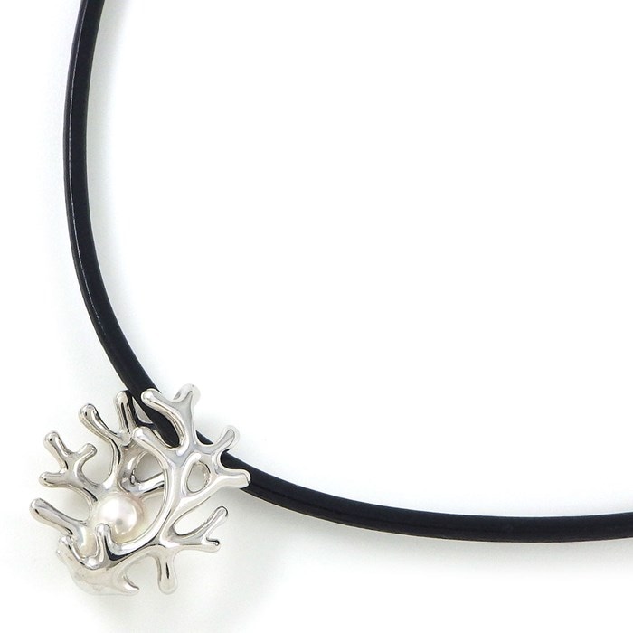 ミキモト MIKIMOTO チョーカー 珊瑚 モチーフ 110年記念 チャリティー 1ポイント パール 5.0mm珠 K18WG ブラック レザー コード 【中古】