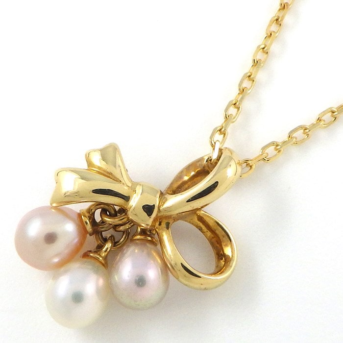 ミキモト MIKIMOTO ネックレス ボウ リボン パール 4.0mm珠 K18YG 【中古】