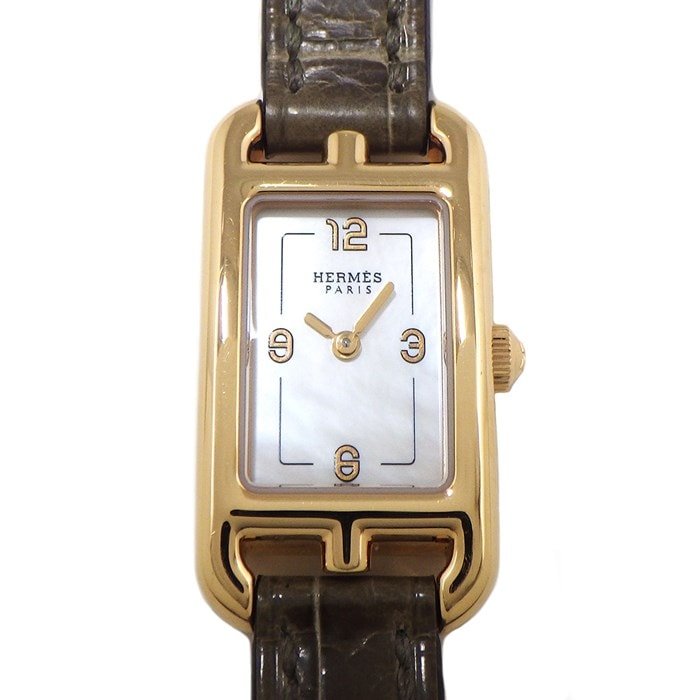 エルメス HERMES 腕時計 ナンタケット NA2.170/W049575WW00 レクタンギュラー ホワイトシェル文字盤 グレー アリゲーター レザーベルト K18PG クオーツアナログ 【箱・保付き】 【中古】