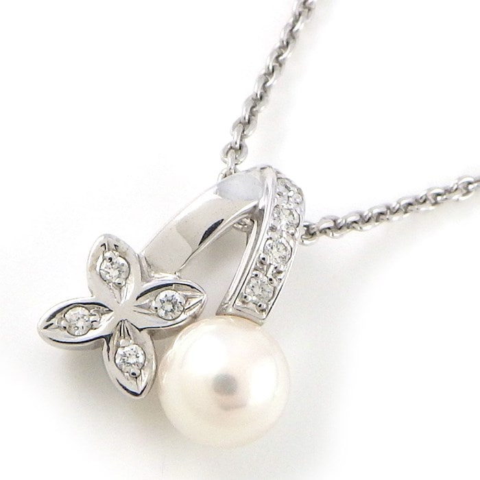 ミキモト MIKIMOTO ネックレス フラワーモチーフ パール 5.5mm珠 ダイヤモンド K18WG 【中古】