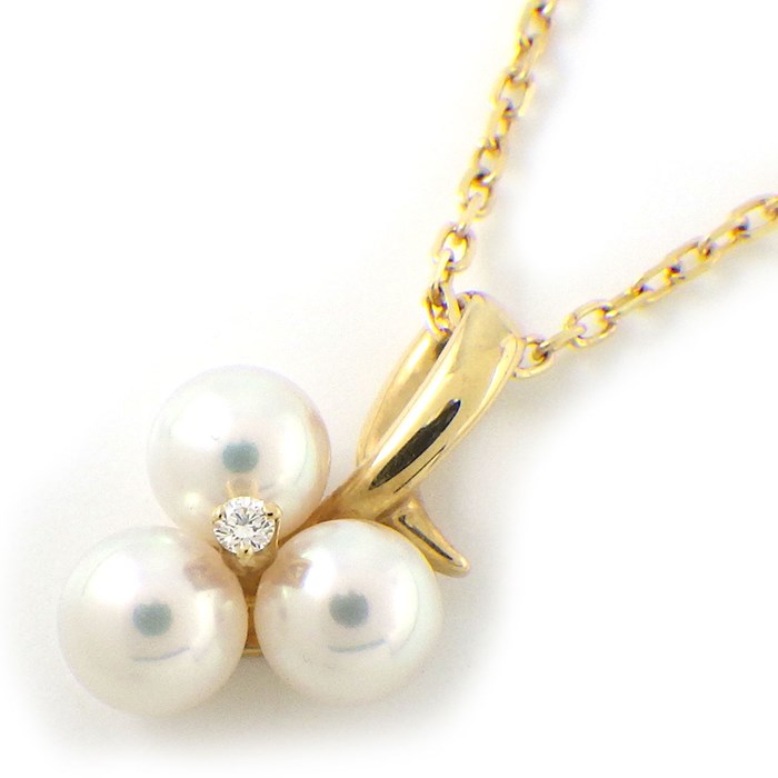 ミキモト MIKIMOTO ネックレス 3ポイント パール 5.0mm珠 ダイヤモンド K18YG 【中古】