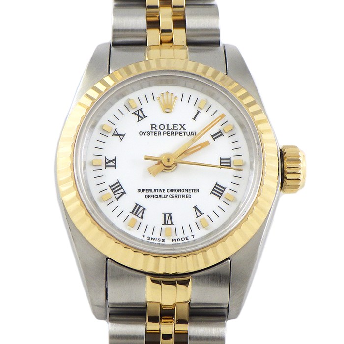 ロレックス Rolex 腕時計 オイスターパーペチュアル 67193 ローマンインデックス ホワイト文字盤 フルーテッドベゼル ジュビリーブレス K18YG SS 自動巻き 【中古】