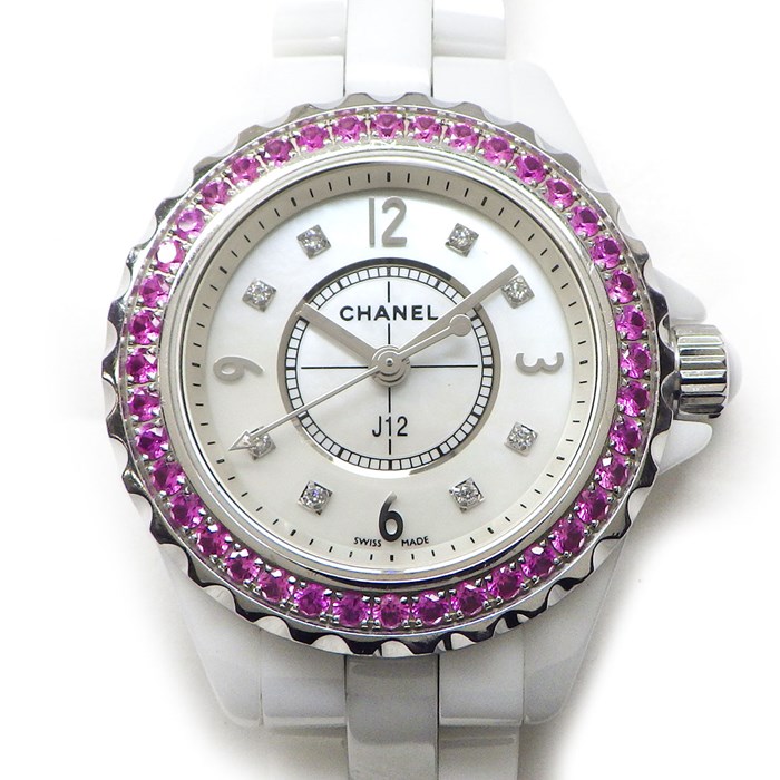 シャネル CHANEL 腕時計 J12 H3243 ピンクサファイア ベゼル 8ポイント ダイヤモンド インデックス ホワイトシェル 文字盤 ホワイト セラミック SS クオーツアナログ 【中古】