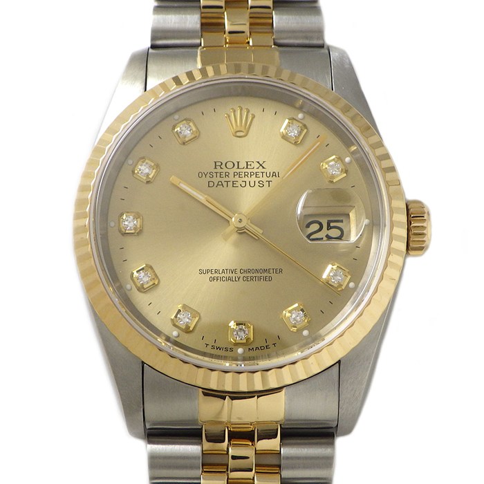 ロレックス Rolex 腕時計 デイトジャスト 16233G W番 10ポイント ダイヤインデックス フルーテッドベゼル シャンパンカラー文字盤 ジュビリーブレス SS K18YG 自動巻き 【箱・保付き】 【中古】