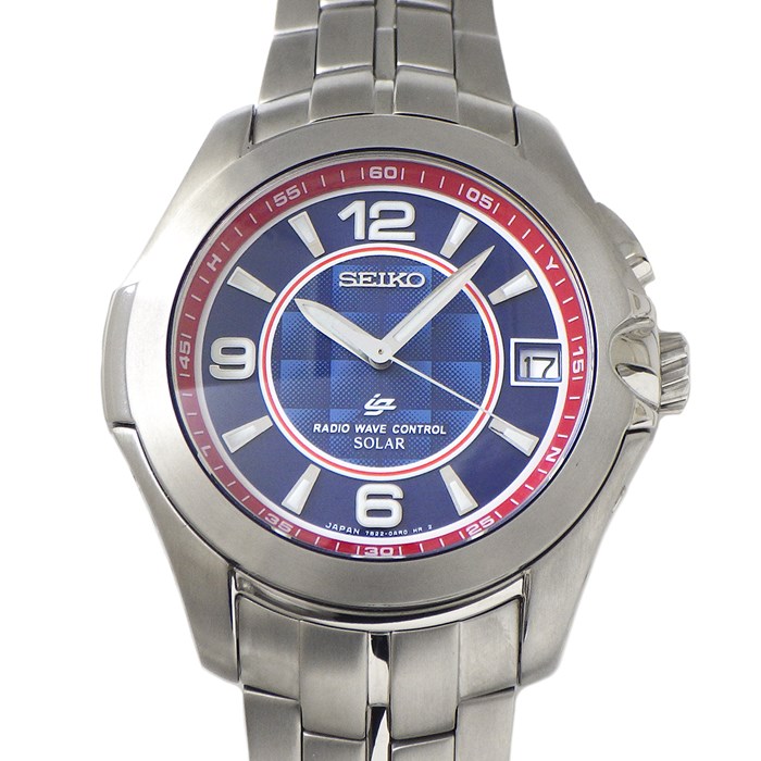 セイコー SEIKO 腕時計 イグニッション SBHS013 佐藤琢磨 3000本限定モデル カレンダー ブルー/レッド 文字盤 チタン ソーラー 【箱・保付き】