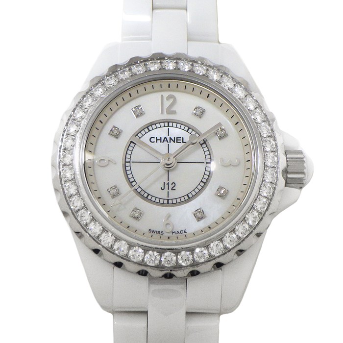シャネル CHANEL 腕時計 J12 29mm H2572 40ポイント ダイヤベゼル 0.90ct 8ポイント ダイヤインデックス 0.04ct ホワイトシェル 文字盤 ホワイト セラミック SS クオーツアナログ 【中古】