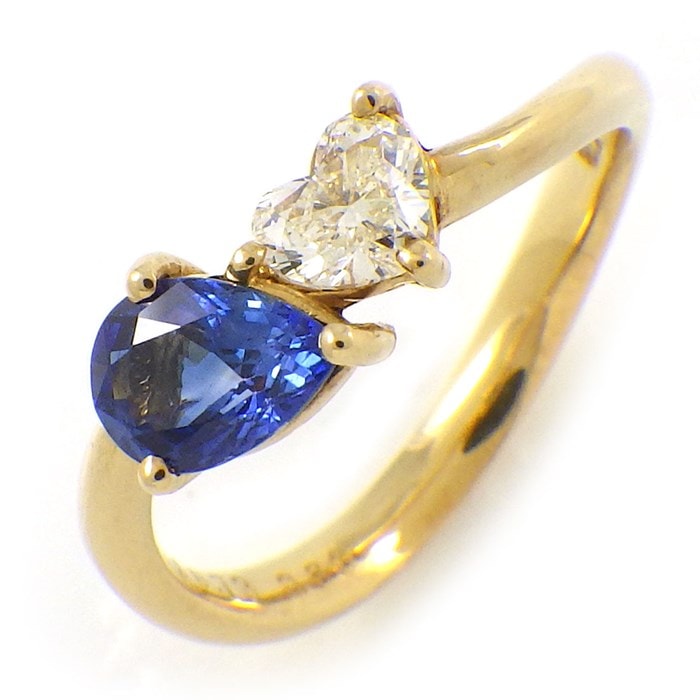 【ペアシェイプサファイア ハートシェイプダイヤモンド】 リング ウェーブ ツイスト ペアシェイプ サファイア 0.73ct ハートシェイプ ダイヤモンド 0.30ct K18YG 11.5号 【中古】