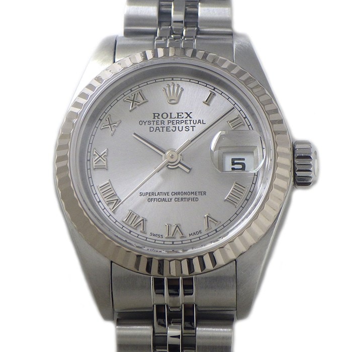 ロレックス Rolex 腕時計 デイトジャスト 79174 Y番 2002年 フルーテッドベゼル サンレイ シルバー文字盤 ジュビリーブレス K18WG SS 自動巻き 【箱・保付き】 【中古】