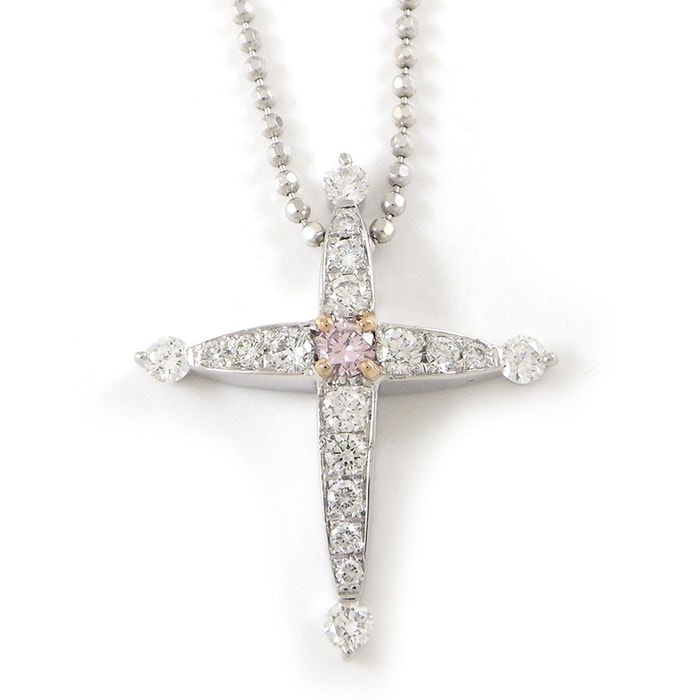 【ピンクダイヤモンド ダイヤモンド】 ネックレス クロス ボールチェーン ピンク ダイヤモンド 0.071ct(FLP/SI2) ダイヤモンド 0.379ct K18WG 【中古】