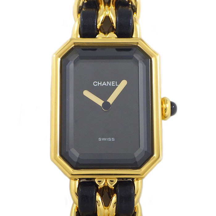 シャネル CHANEL 腕時計 プルミエール L H0001 オクタゴナル ブラック文字盤 チェーンブレス GP ブラックレザー クオーツアナログ 【中古】