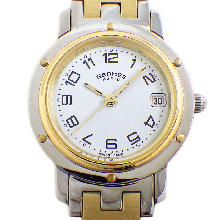 エルメス HERMES 腕時計 クリッパー CL4.220 ホワイト文字盤 Hモチーフ デイト GP SS クオーツアナログ 【中古】