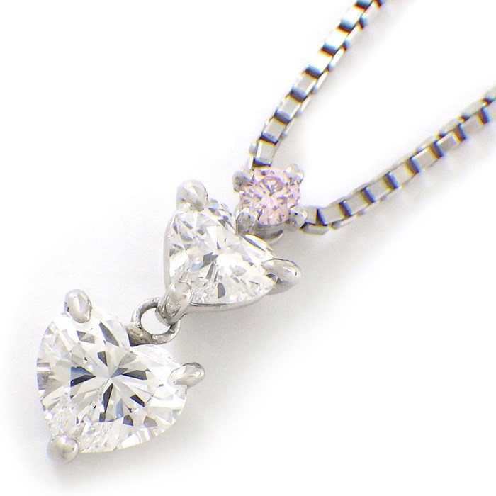 【ハートシェイプダイヤモンド】 ネックレス ハート 2モチーフ ハートシェイプ ダイヤモンド 0.533ct(F/VS2) ハートシェイプ ダイヤモンド 0.202ct(E/VS2) ラウンドカット ピンク ダイヤモンド 0.037ct(FLP/VS2) PT850 【中古】