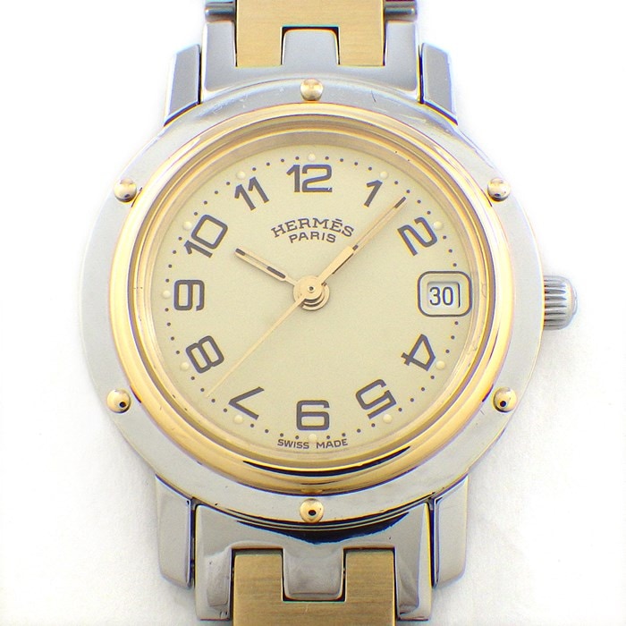 エルメス HERMES 腕時計 クリッパー CL4.220 デイト アイボリー文字盤 2カラー Hリンクブレス GP SS クオーツアナログ 【中古】