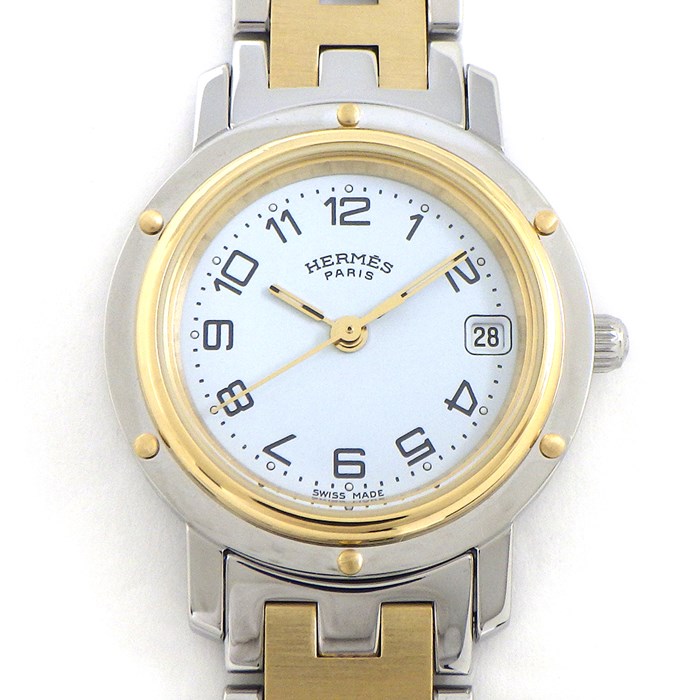 エルメス HERMES 腕時計 クリッパー CL4.220 デイト ホワイト文字盤 Hリンクブレス SS GP クオーツアナログ 【中古】
