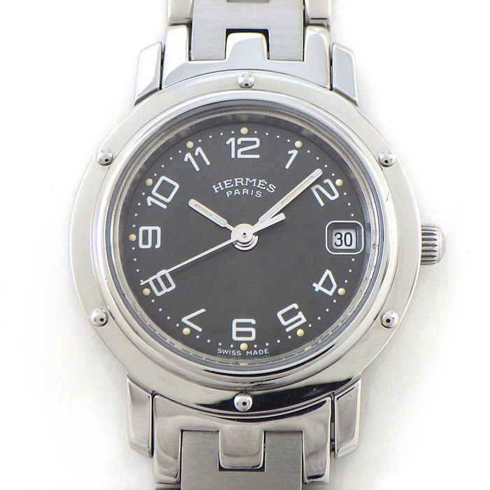 エルメス HERMES 腕時計 クリッパー CL4.210 デイト サンレイ グレー文字盤 Hリンクブレス SS クオーツアナログ 【中古】