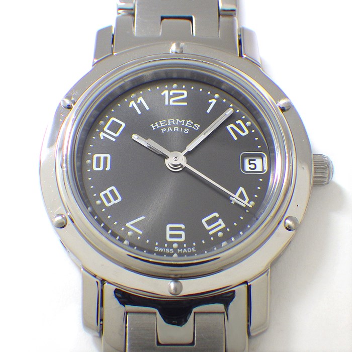 エルメス HERMES 腕時計 クリッパー CL4.210 デイト サンレイ グレー文字盤 SS クオーツアナログ 【OH済み】 【箱・保付き】 【中古】