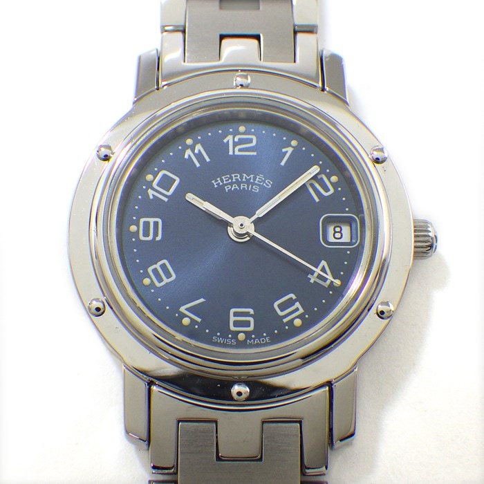 エルメス HERMES 腕時計 クリッパー CL4.210 デイト サンレイ ブルー文字盤 SS クオーツアナログ 【中古】