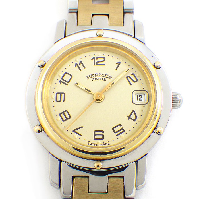 エルメス HERMES 腕時計 クリッパー CL4.220 デイト アイボリー文字盤 Hリンクブレス GP SS クオーツアナログ 【中古】