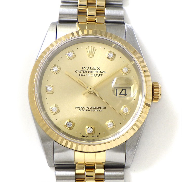 ロレックス Rolex 腕時計 デイトジャスト 36 16233G T番 1996年製 10ポイント ダイヤインデックス サンレイ シャンパンカラー文字盤 フルーテッドベゼル ジュビリーブレス SS K18YG 自動巻き 【中古】