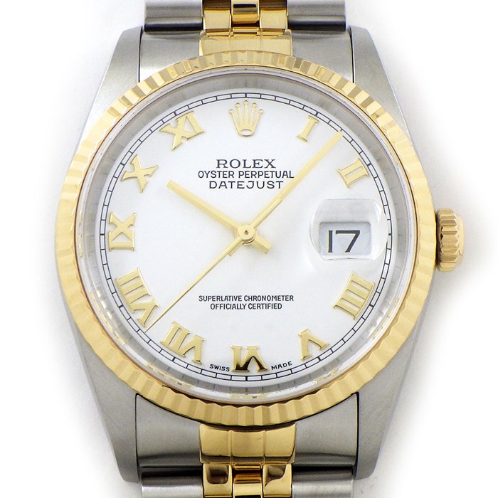 ロレックス Rolex 腕時計 デイトジャスト 36 16233 Y番 2002年製 ホワイト文字盤 フルーテッドベゼル ジュビリーブレス SS K18YG 自動巻き 【中古】