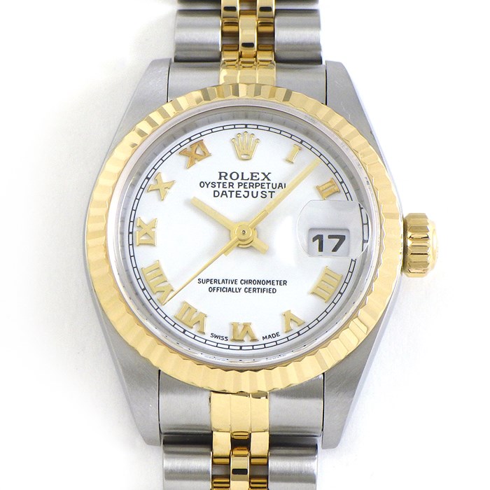 ロレックス Rolex 腕時計 デイトジャスト 26 79173 Y番 2003年製 ホワイト文字盤 フルーテッドベゼル ジュビリーブレス SS K18YG 自動巻き 【中古】