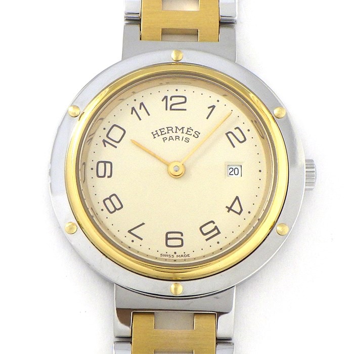 エルメス HERMES 腕時計 クリッパー CL4.220 デイト アイボリー文字盤 Hリンクブレス 旧型バックル GP SS クオーツアナログ 【中古】