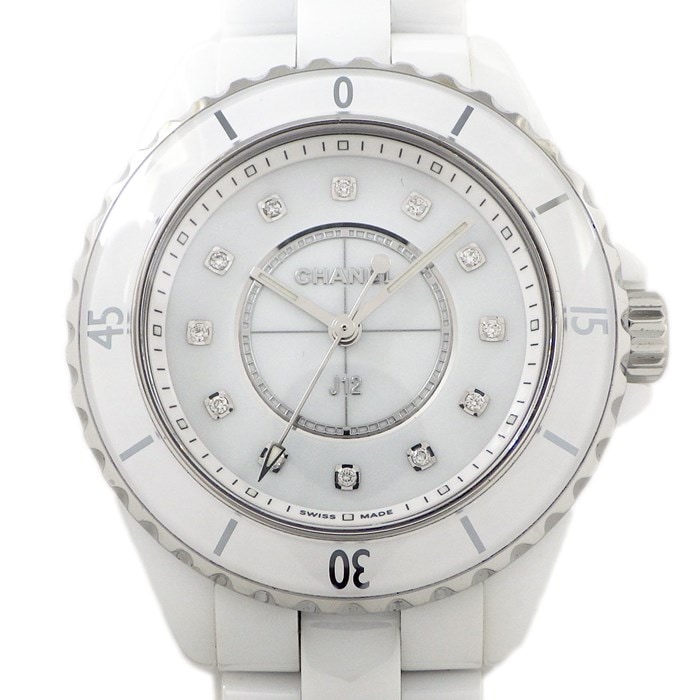 シャネル CHANEL 腕時計 J12 H5703 12ポイント ダイヤインデックス ホワイト文字盤 回転ベゼル SS ホワイト セラミック クオーツアナログ 【箱・保付き】 【中古】