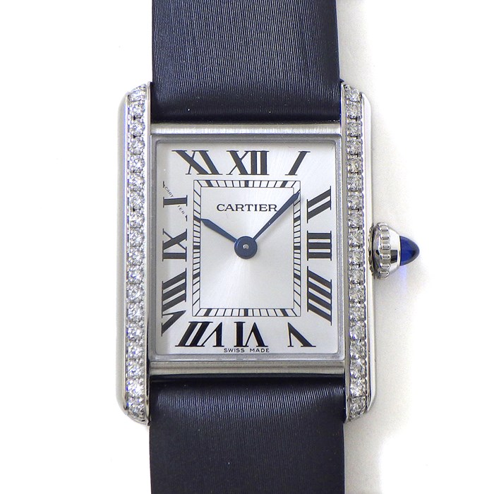 カルティエ Cartier 腕時計 タンク マスト SM W4TA0016 40ポイント ダイヤベゼル 0.39ct レクタンギュラー サンレイ シルバー文字盤 SS ブラック サテン/カーフレザーベルト クオーツアナログ