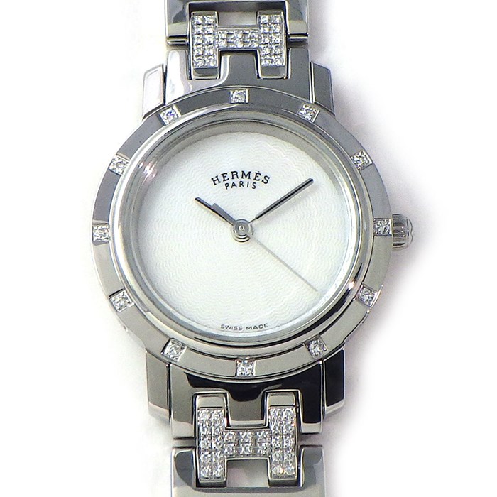 エルメス HERMES 腕時計 クリッパー ナクレ CL4.230 ダイヤベルト/ベゼル ギョーシェ ホワイトシェル文字盤 SS クオーツアナログ 【中古】