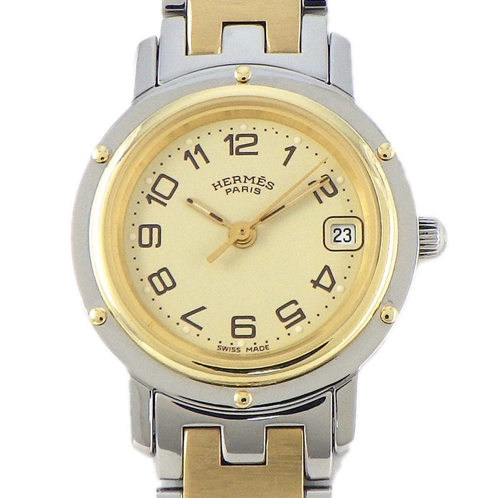 エルメス HERMES 腕時計 クリッパー CL4.220 アイボリー文字盤 デイト GP SS クオーツアナログ 【中古】