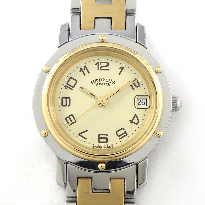エルメス HERMES 腕時計 クリッパー CL4.220 デイト アイボリー文字盤 Hリンクブレス GP SS クオーツアナログ 【中古】