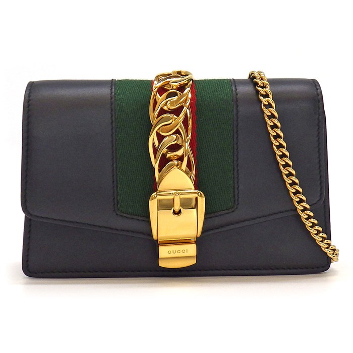 グッチ GUCCI ショルダーバッグ シルヴィ スーパーミニバッグ 494646 ブラック レザー ゴールド金具 【中古】