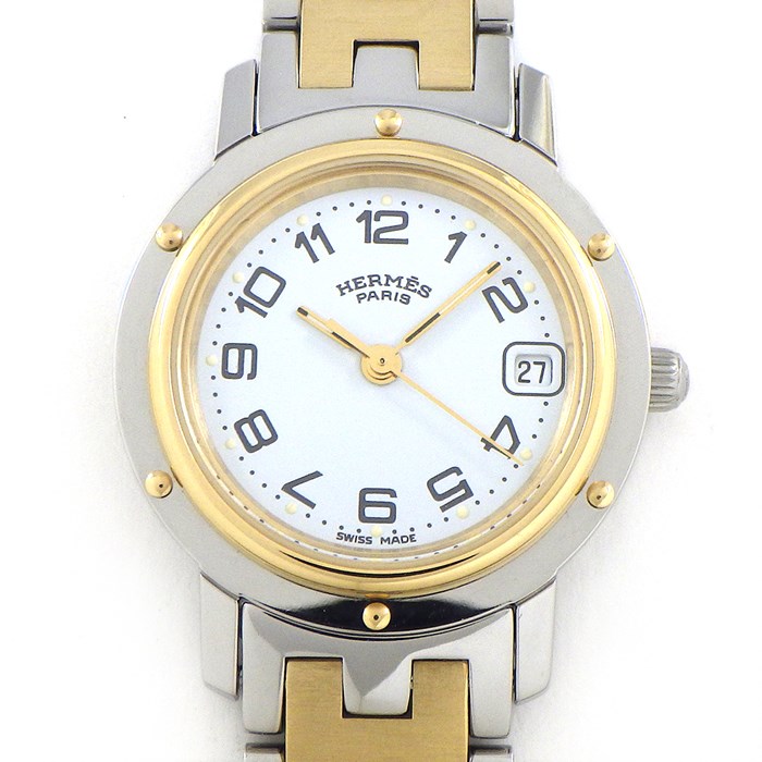 エルメス HERMES 腕時計 クリッパー CL4.220 デイト ホワイト文字盤 Hリンクブレス GP SS クオーツアナログ 【中古】
