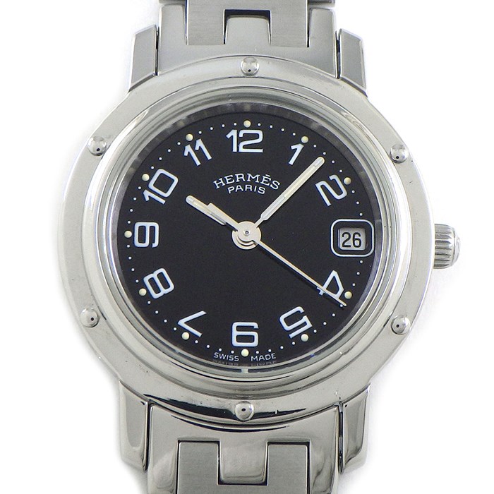 エルメス HERMES 腕時計 クリッパー CL4.210 デイト ブラック文字盤 Hリンクブレス SS クオーツアナログ 【中古】
