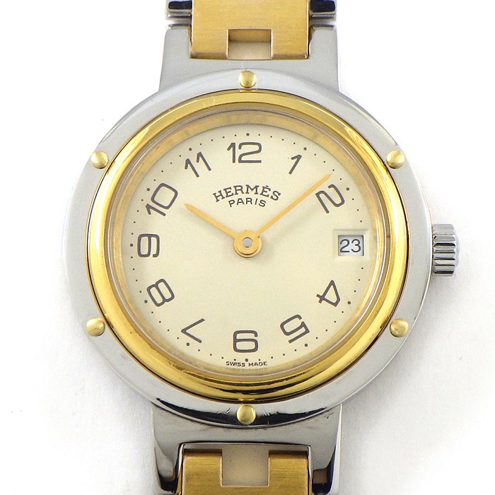 エルメス HERMES 腕時計 クリッパー CL4.220 アイボリー文字盤 デイト GP SS クオーツアナログ 【箱・保付き】 【中古】