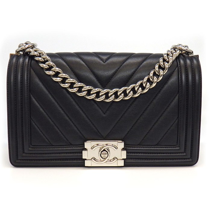 シャネル CHANEL ハンドバッグ ショルダーバッグ ボーイシャネル 25 シェブロン A67086 ブラック グレー ラムスキン シルバー金具 【中古】