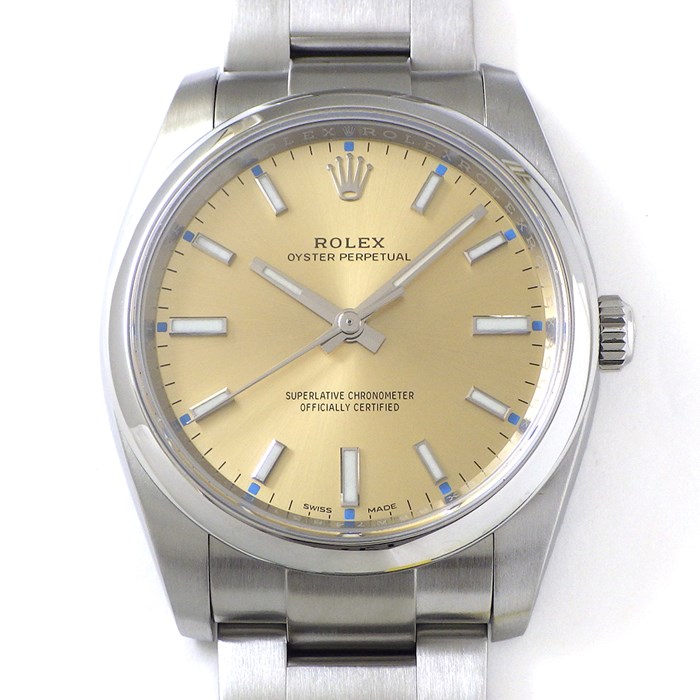 ロレックス Rolex 腕時計 オイスターパーペチュアル 34mm 114200 ルーレット刻印 ランダムシリアル 夜光インデックス 夜光針 サンレイ ホワイトグレープ文字盤 SS 自動巻き 【箱・保付き】 【中古】