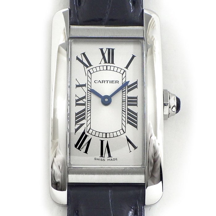 カルティエ Cartier 腕時計 タンク アメリカン SM WSTA0043 ローマンインデックス シルバー文字盤 ブラック クロコダイルレザーベルト SS クオーツアナログ 【箱・保付き】 【中古】