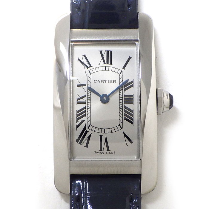 カルティエ Cartier 腕時計 タンク アメリカン SM WSTA0043 ローマンインデックス シルバー文字盤 ネイビー クロコダイルレザーベルト SS クオーツアナログ 【箱・保付き】 【中古】