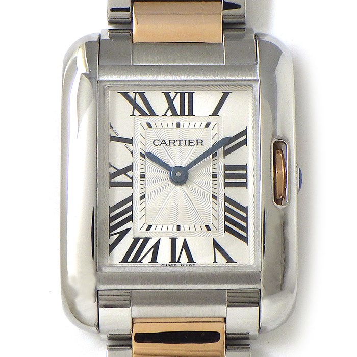 カルティエ Cartier 腕時計 タンクアングレーズ SM W5310019 シルバーギョーシェ文字盤 ローマンインデックス K18PG SS クオーツアナログ 【中古】
