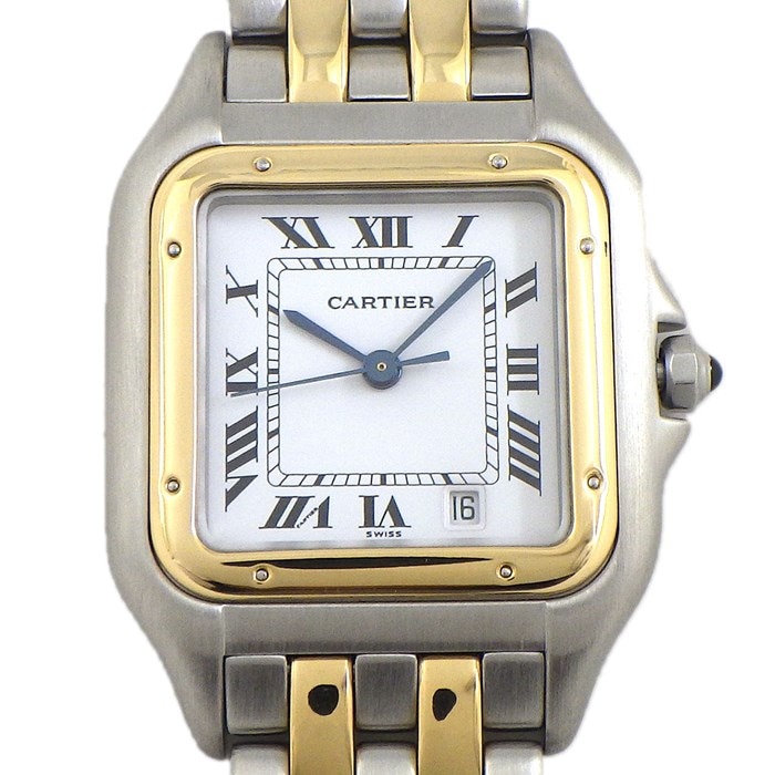 カルティエ Cartier 腕時計 パンテール MM W25028B6 スクエア ホワイト文字盤 ローマンインデックス デイト K18YG SS クオーツアナログ 【OH済み】 【中古】