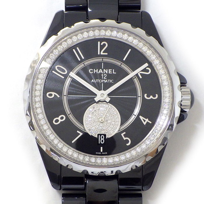 シャネル CHANEL 腕時計 J12-365 H3840 サークル パヴェ ダイヤ ブラック文字盤 デイト スモールセコンド SS セラミック 自動巻き 【中古】