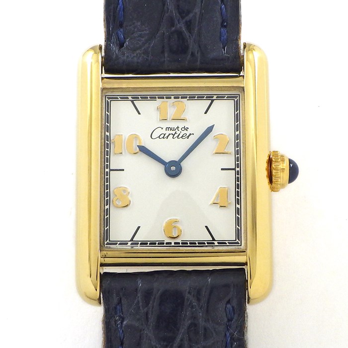 カルティエ Cartier 腕時計 マスト タンク スモールモデル SM W1008354 ヴェルメイユ エミリ ドゥーブルC ロゴパターン レクタンギュラー アイボリー文字盤 SV925 GP ネイビー クロコダイルレザーベルト クオーツアナログ 【箱・保付き】 【中古】