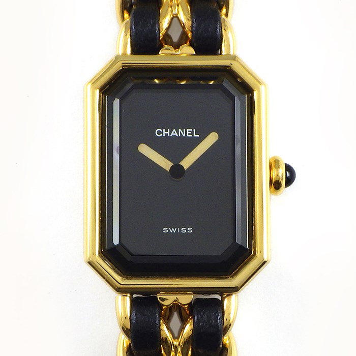 シャネル CHANEL 腕時計 プルミエール M H0001 オクタゴナル ブラック文字盤 チェーンブレス GP レザー クオーツアナログ 【中古】