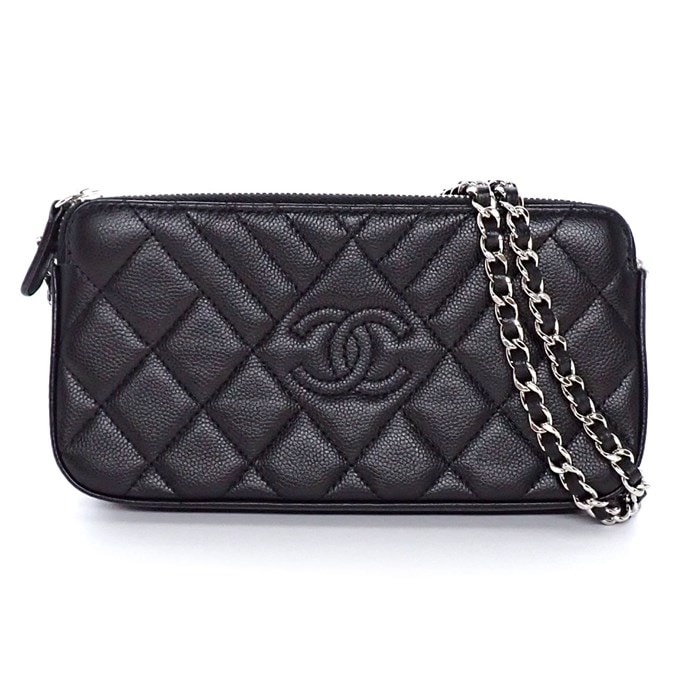 シャネル CHANEL ショルダーバッグ マトラッセ シェヴロン チェーンウォレット ブラック ソフトグレインドカーフスキン シルバー金具 【中古】