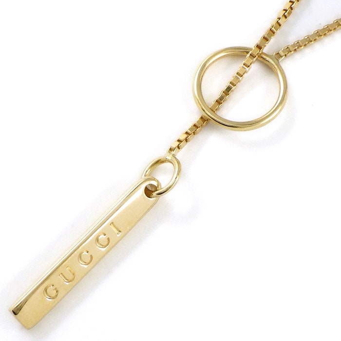 グッチ GUCCI ネックレス ラリエット ロゴ プレート バー ベネチアンチェーン K18YG 【中古】