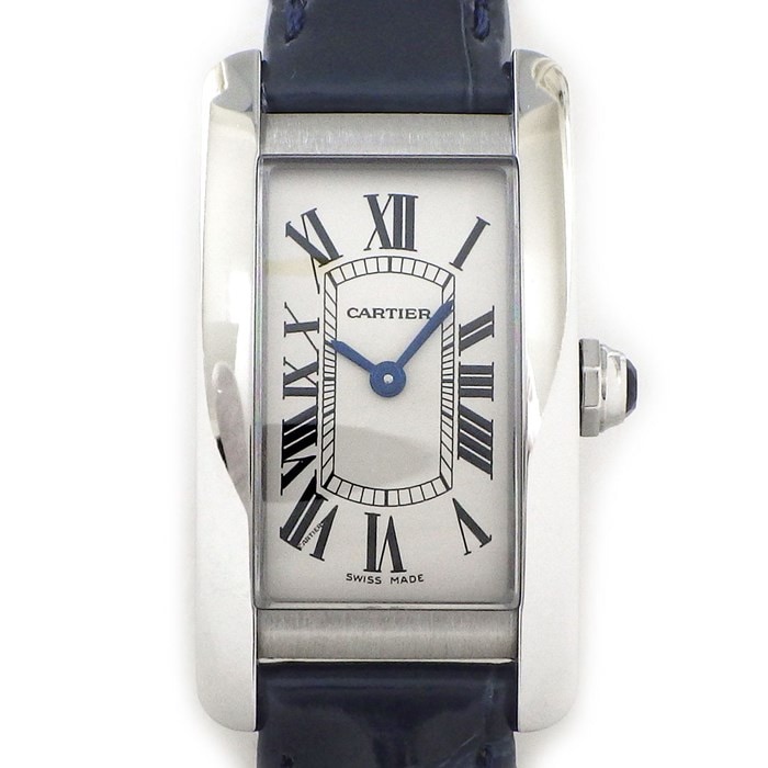 カルティエ Cartier 腕時計 タンク アメリカン SM WSTA0016 レクタンギュラー シルバー文字盤 ローマンインデックス SS ブルー アリゲーターレザーベルト クオーツアナログ 【中古】