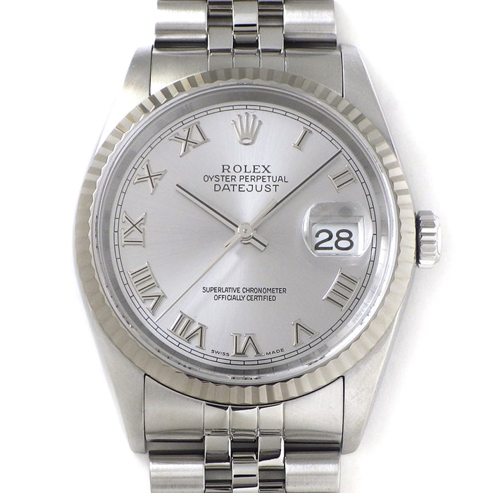 ロレックス Rolex 腕時計 デイトジャスト 36mm 16234 F番 2003-2004年製 ローマンインデックス サンレイ シルバー文字盤 フルーテッドベゼル ジュビリーブレス K18WG SS 自動巻き 【中古】